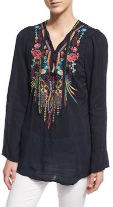 Johnny Was Serendipity Embroidered-Bib Blouse, Navy Shadow, Plus Size