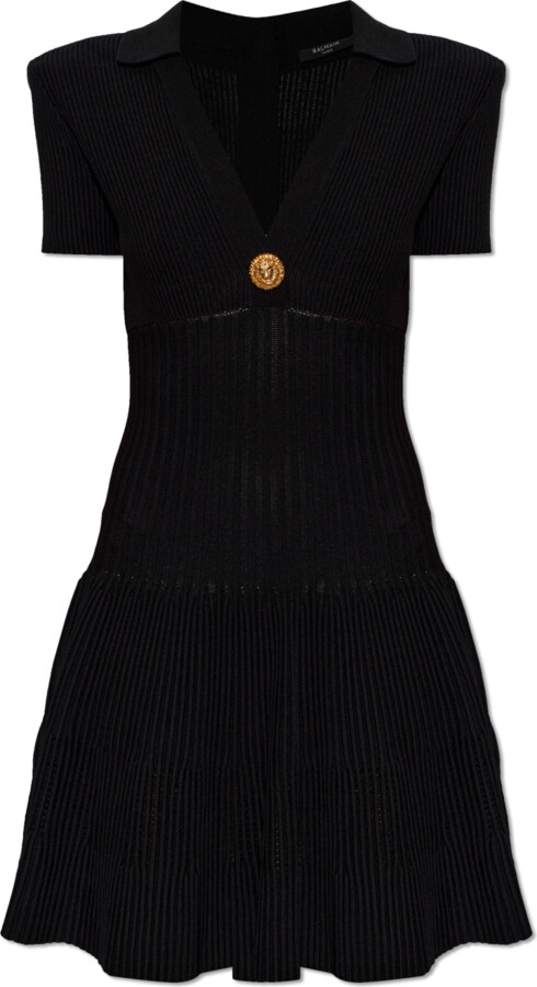 Balmain Ribbed Dress With Shoulder Pads, , - Black