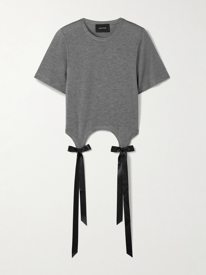 Simone Rocha Bow-embellished Satin-trimmed Lyocell-jersey T-shirt - Gray