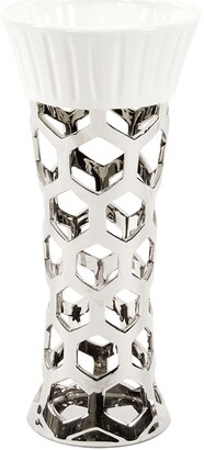 Howard Elliott Howard Elliot Silver Vase With Hexagon Cut Outs And White Ceramic Top