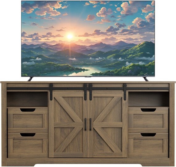 SunnyFurn ModernTVstandaccommodatesTVsupto70inchesfeaturing4drawersandslidingbarndoorsforalivingroomentertainmentcenter.