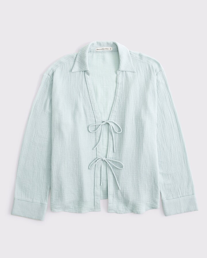 Abercrombie & Fitch Women's Long-Sleeve Oversized Tie-Front Gauzy Shirt in Light Green - Size M