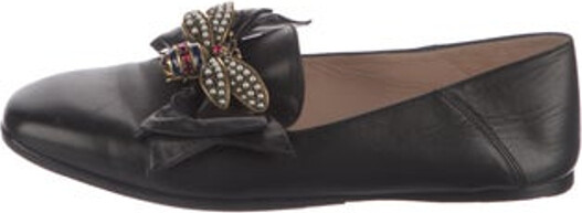 Gucci Queen Margaret Bee Loafers Black Leather Bee Accent Crystal & Bow Accents Square-Toes Includes Box Designer