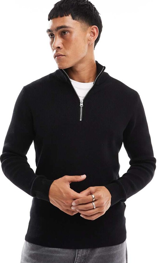 ONLY & SONS ribbed half zip sweater in black