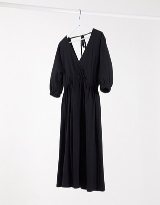 ASOS DESIGN midi smock dress with wrap top in black