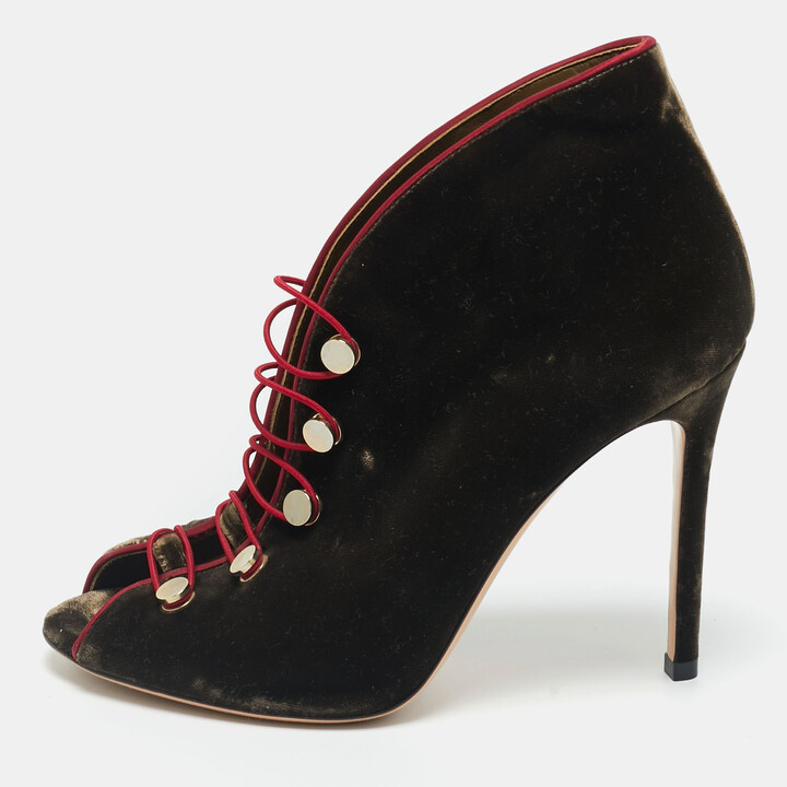 Gianvito Rossi Brown Velvet Miral Open Toe Ankle Boots Size 37