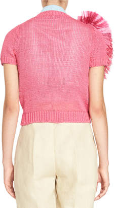 DELPOZO Floral Raffia Short-Sleeve Sweater, Hot Pink
