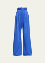Satin Pleated Wide-Leg Pants with Bel 