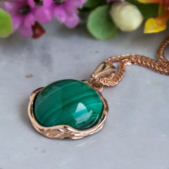 Etsy Malachite Round Pendant, 14K Rose Gold Necklace, Vintage Natural Birthstone, Jewelry, Dainty Anniversary Gift