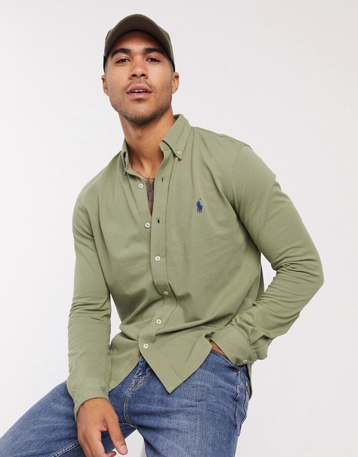 Polo Ralph Lauren player logo pique shirt slim fit buttondown in sage green  - ShopStyle