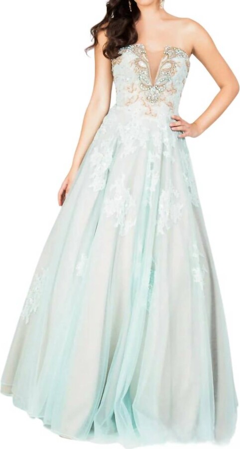 Terani Couture Plunging Illusion Neckline Prom Dress In Aqua/gold