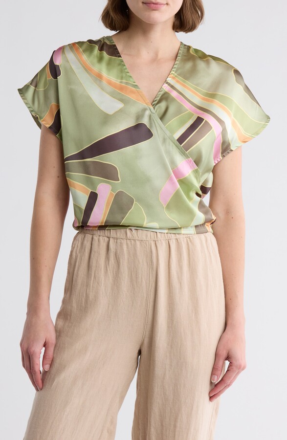 Elan International Palm Print Surplice Neck Cover-Up Crop Top