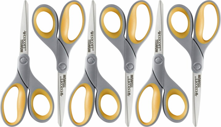 Westcott Straight Scissors, Titanium Bonded, 8", Grey/Yellow, for Office/School, 6-Pack