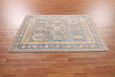 Bungalow Rose Gray Geometric Kazak Oriental Rug 4
