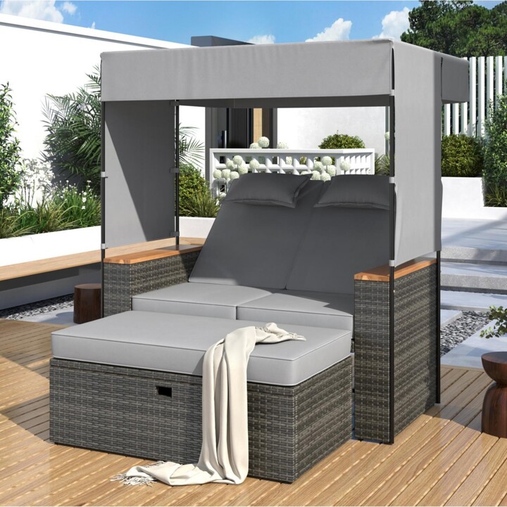 Streamdale Furniture 2-Piece Outdoor Rattan Daybed, Loveseat Sofa with Bench, Lounge Roof, Cushions (Grey)