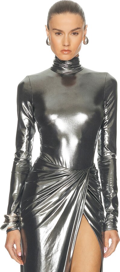 LaQuan Smith Long Sleeve Mock Neck Bodysuit in Metallic silver
