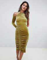 Thumbnail for your product : ASOS Design High Neck Ruched Velvet Midi Bodycon Dress