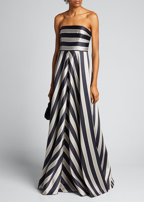 Halston Tricolor Stripe Print Duchess Satin Strapless Gown
