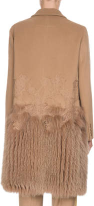 Givenchy Wool-Cashmere Lace Single-Breasted Coat with Fur Hem, Camel