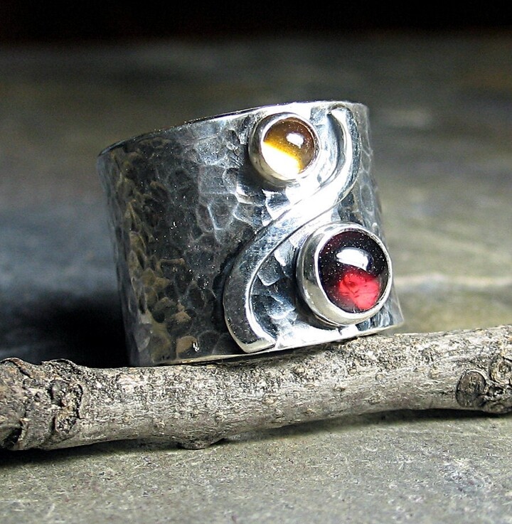 Etsy sterling Silver Wide Band Ring Garnet Citrine Metalsmith Artisan - Autumn Afternoon