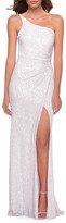 Thumbnail for your product : La Femme One-Shoulder Sequined Ruched Gown with Open Back
