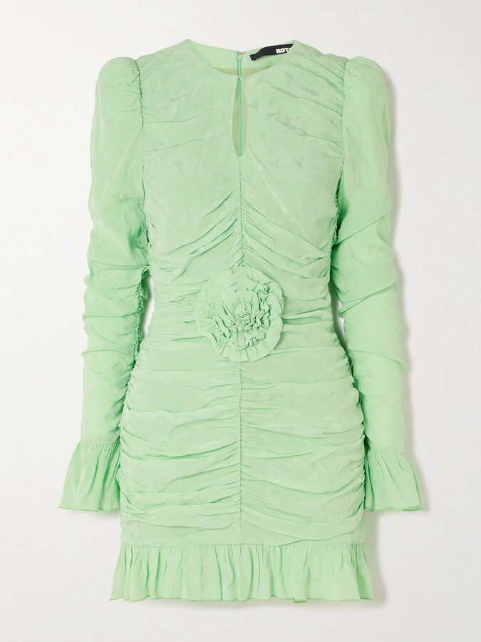 Rotate by Birger Christensen Torana Appliquéd Ruched Satin-jacquard Mini Dress - Green