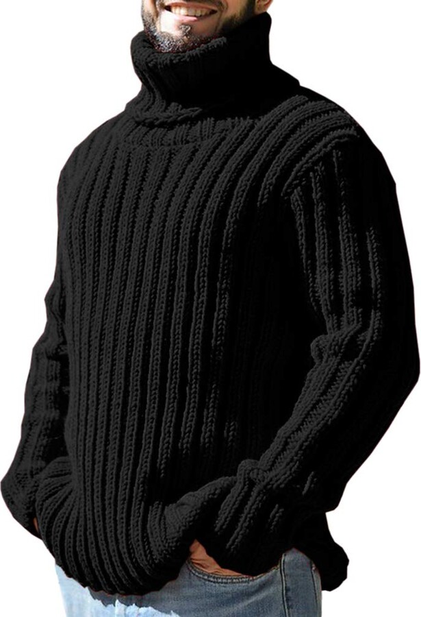FUERI Mens Jumper Turtleneck Sweater Cable Knit Pullover Ribbed Roll Neck  High Neck Plain Winter Chunky Knitwear - ShopStyle