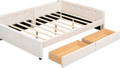 Latitude Run Bed With And Twin Trundle Beige Hue Modern Linen