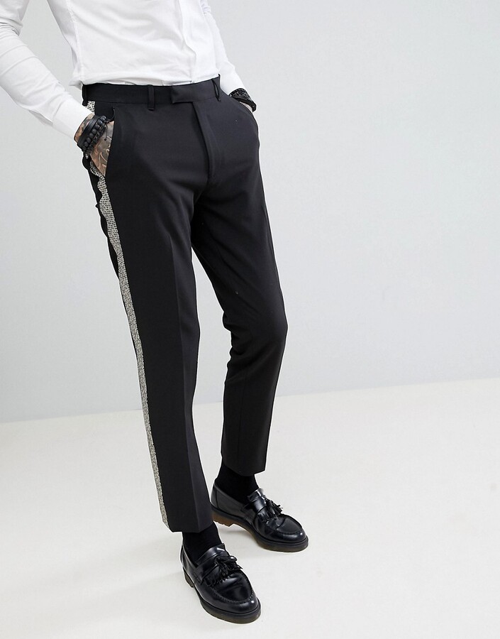 ASOS Slim Crop Smart Pants In Black Satin With Sequin Side Stripe for Men