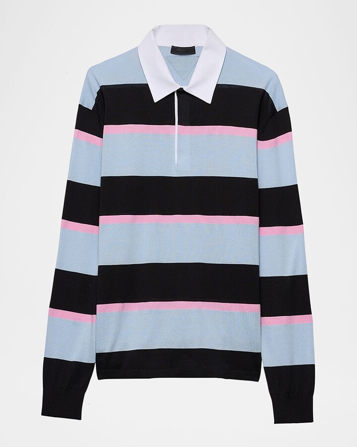 Prada Men's Cotton-Silk Striped Polo Shirt