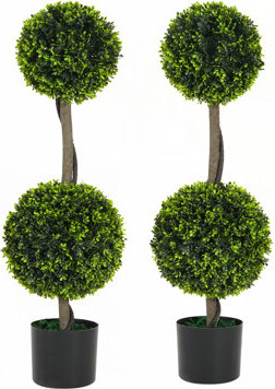 34" Artificial Topiary Boxwood Tree Double Ball with Pot, Set of 2