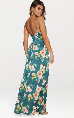PrettyLittleThing Emerald Green Floral Frill Detail Extreme Split Plunge Maxi Dress