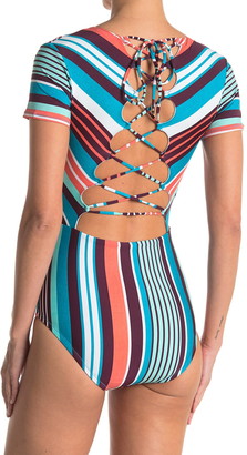 Laundry by Shelli Segal Plunging Neck Lace Back One Piece Swim Suit