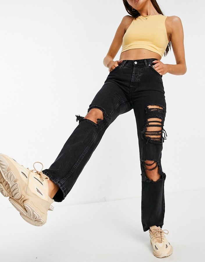 ASOS DESIGN mid rise '90s' straight leg jeans in washed black with extreme  rips - BLACK - ShopStyle