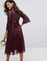 Thumbnail for your product : Maya Bell Sleeve Midi Dress In Tonal Delicate Sequin With Tulle Skirt And Kimono Sleeve