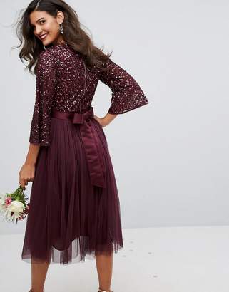 Maya Bell Sleeve Midi Dress In Tonal Delicate Sequin With Tulle Skirt And Kimono Sleeve