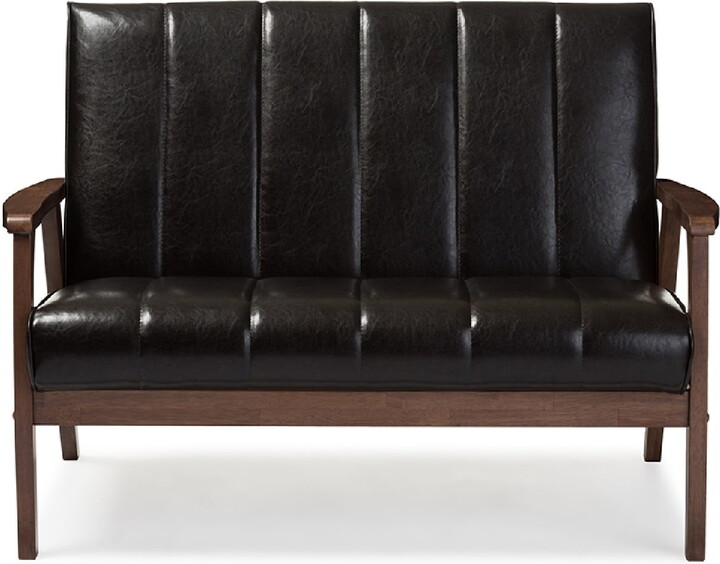 Baxton Studio Nikko Mid-century Modern Scandinavian Style Dark Brown Faux Leather Wooden 2-Seater Loveseat
