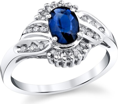 14Kリング Zales Oval Blue Sapphire and 1/3 CT. T.w. Diamond Fan Frame Ring