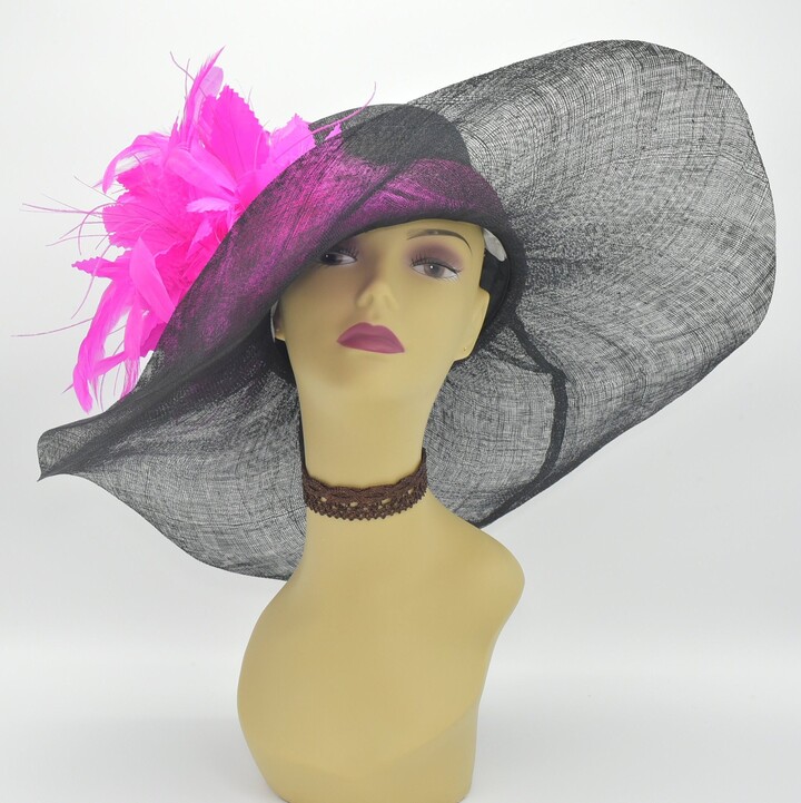 Etsy M508 | Black Fuchsia Hat Kentucky Derby Hat Church Wedding Tea Party With Jumbo Feather Flower Floopy Wide Brim Sinamay Hat