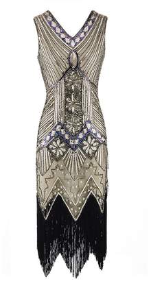 tutu.vivi Women's 1920s V Neck Sequins Fringed Gatsby Theme Flapper Dress for Prom Gold 1 XL