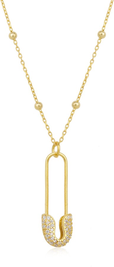 Spero London Pave Safety Pin Necklace Jewelled With Beaded Chain In Sterling Silver - Gold