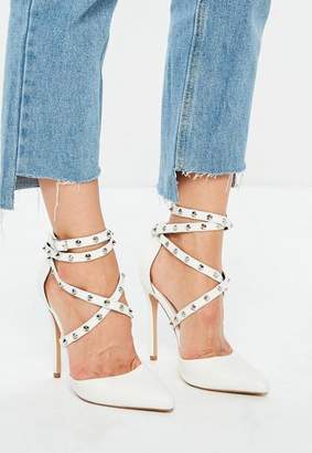 Missguided White Studded Cross Strap Pointed Court Heels, White