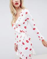 Thumbnail for your product : ASOS DESIGN mini wrap dress with frill detail in lip print