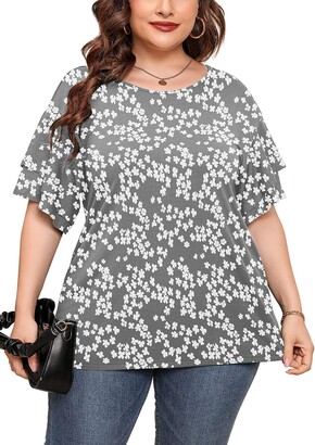 AusLook Plus Size Summer Clothes For Women Blue Grey 2X Tunic Double Ruffle Short  Sleeve Blouses Crewneck Clothing Tee Ladies Clothes Flowy Dressy Casual  Loose Fit Outfits Maternity Tops - ShopStyle