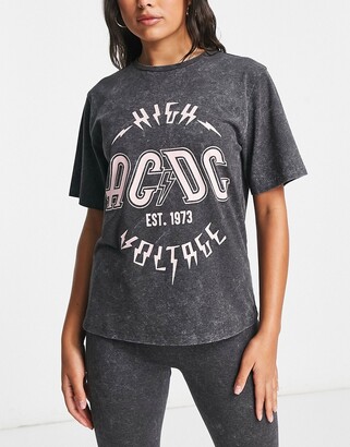 ASOS DESIGN AC/DC washed oversized tee & leggings pajama set in charcoal