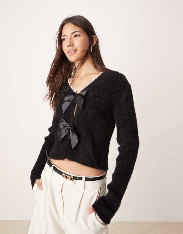 Miss Selfridge faux pearl trim bow detail lash cardigan in black
