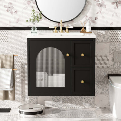 KUNMINGZHUANGZHEN 24" Bathroom Vanity Set Wall Mounted For Small Space, Bathroom Cabinet With Ceramic Sink, 2 Drawers And 1 Soft-Close Door