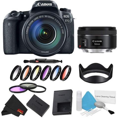 Canon EOS 77D DSLR Camera with 18-135mm Lens Bundle w/ 9 Piece Filter Kit + Bonus 50mm Lens (Intl Model)