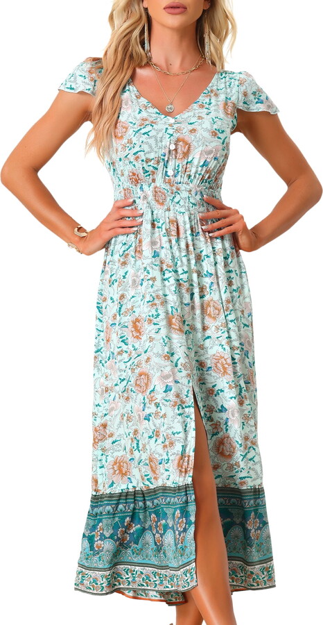 DARING DIVA V Neck Long Boho Floral Smocked Waist Dress M Green