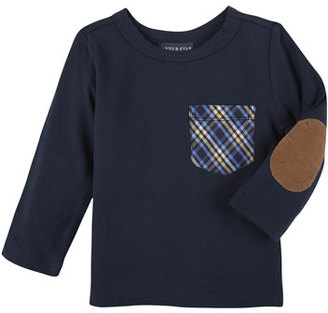 Andy & Evan Long-Sleeve Plaid-Pocket Jersey Tee, Navy, Size 3-24 Months